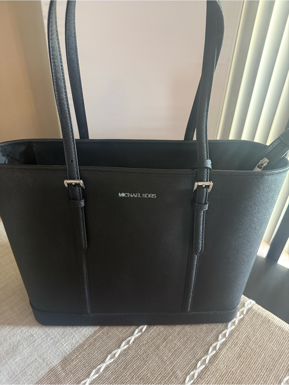 Michael Kors Black Saffiano Leather Tote with Silver Hardware